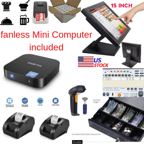 NEW mini Fanless PC, 2 x printers POS Point of Sale System Combo Retail Labels