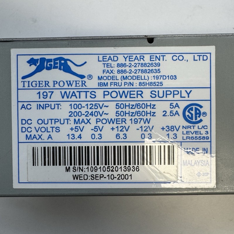 Vintage IBM 85H8525 Tiger Power 197D103 197W POS Power Supply w/ Nidec Fan gallery