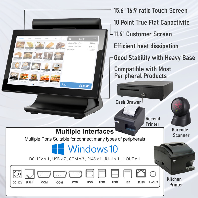 15.6" Dual Screen POS System, Cash Register Machine with Touch Screen & Win10pro gallery